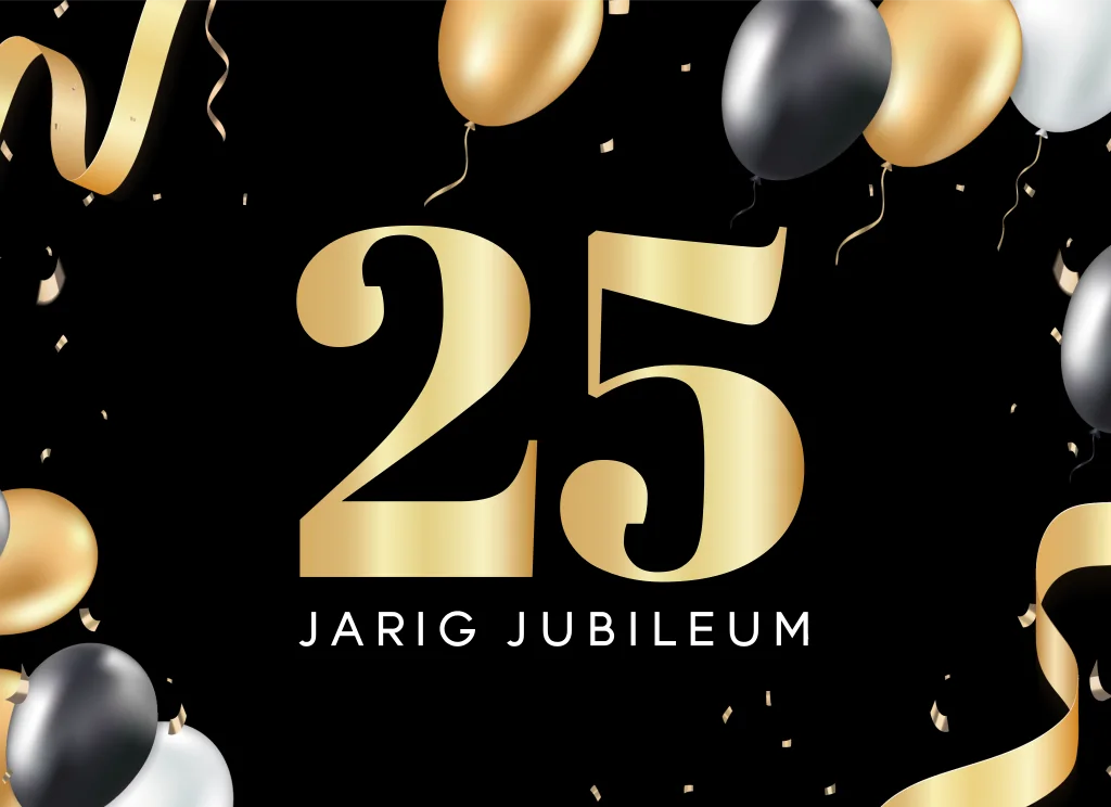 Flessenetiket 25 jarig jubileum bedrijf confetti ballonnen goudlook.1024.p1.152.modern freeform.static foil